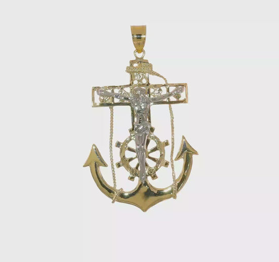 10K two-tone gold large mariner link crucifix pendant 56 mm video - 10ZC1419