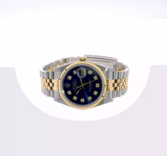 Rotating video of the pre-owned Rolex Datejust 36mm two-tone watch with blue diamond dial