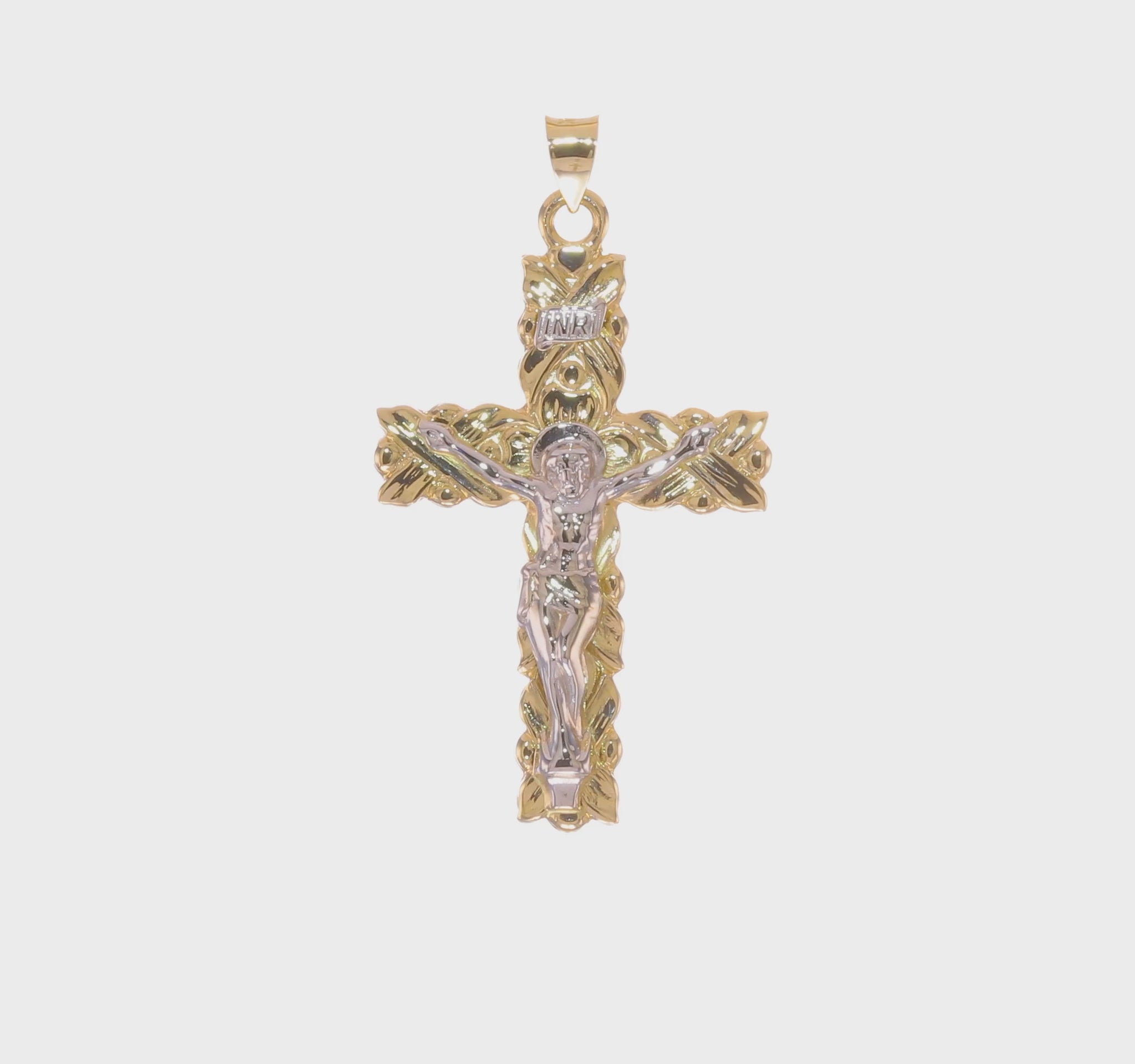 14K two-tone gold solid INRI crucifix pendant video - XR2051