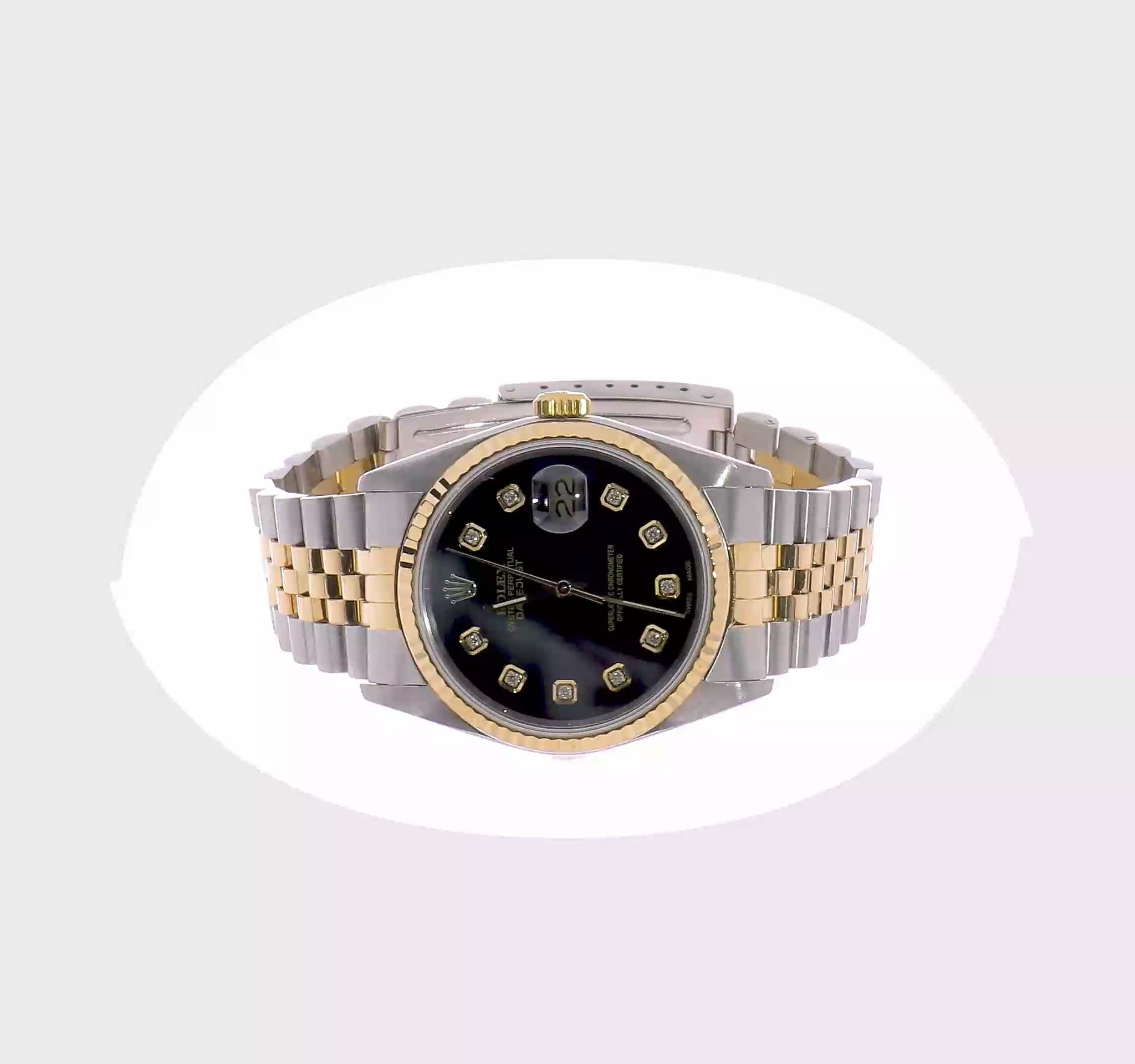 Rotating video of the pre-owned Rolex Datejust 36mm two-tone watch with black diamond dial