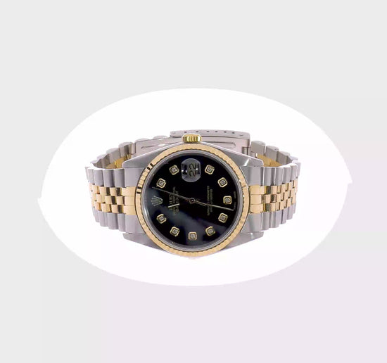 Rotating video of the pre-owned Rolex Datejust 36mm two-tone watch with black diamond dial