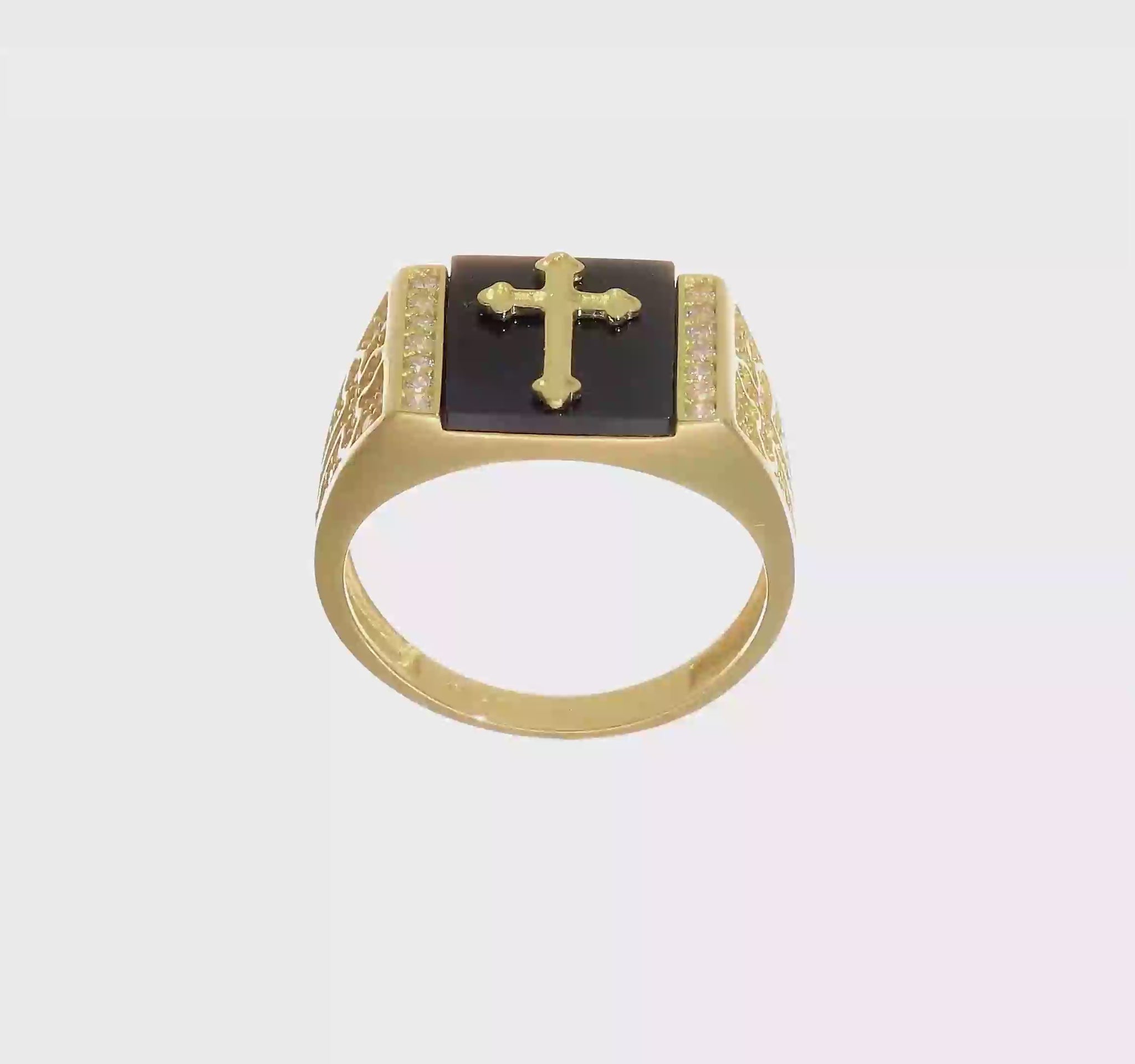 10K yellow gold onyx and CZ cross ring video - 10C1401