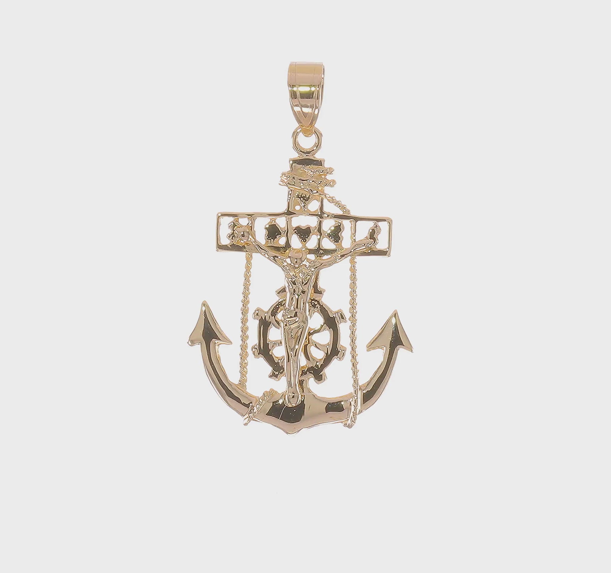 14K yellow gold mariner link cross pendant 36 mm video - C258