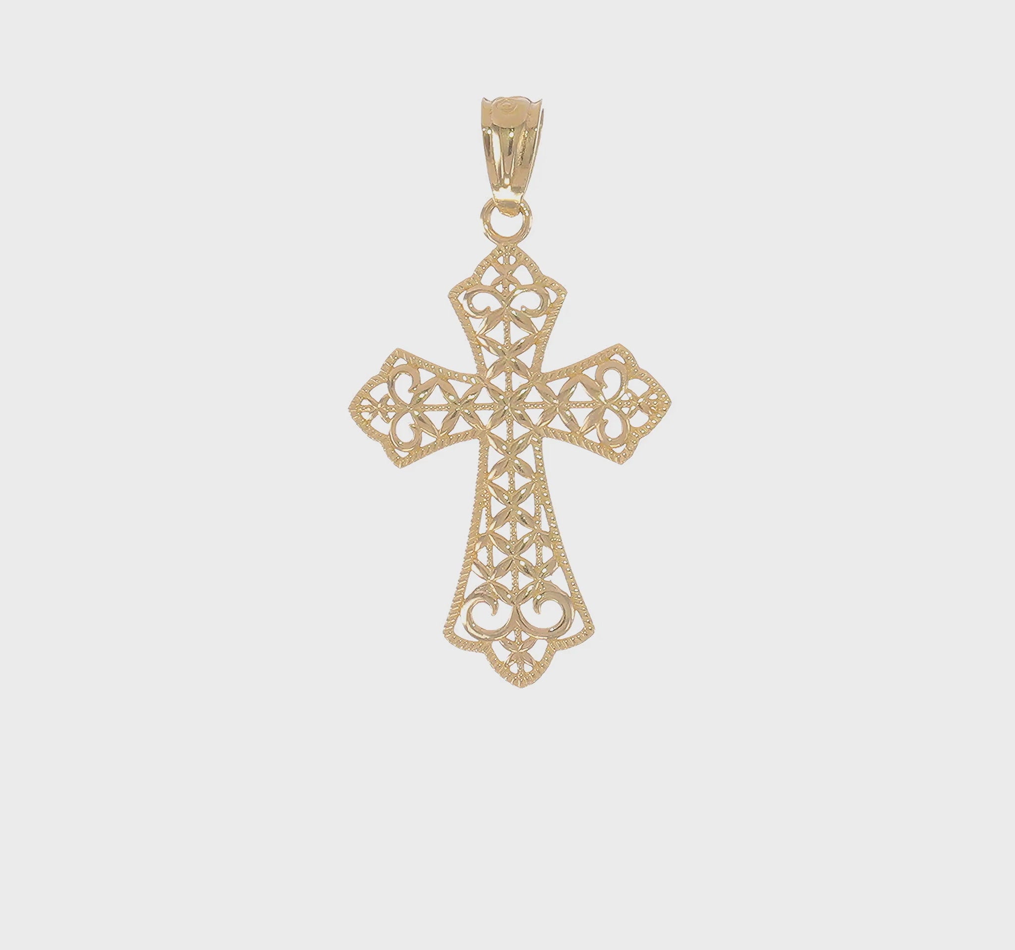 14K yellow gold concave filigree cross pendant video - K6273