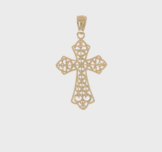 14K yellow gold concave filigree cross pendant video - K6273