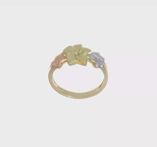14K Tri-Color Gold Plumeria Flowers Cocktail Ring - video