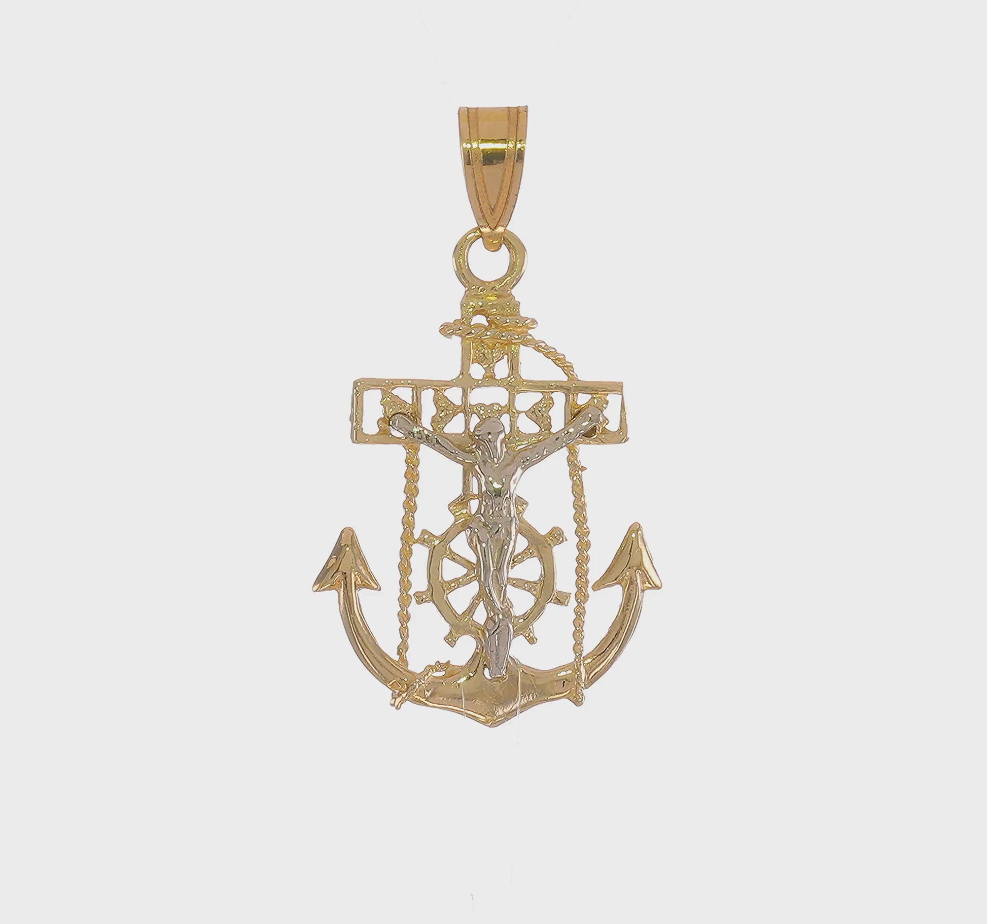 14K two-tone gold mariner link cross pendant 29 mm video - C811