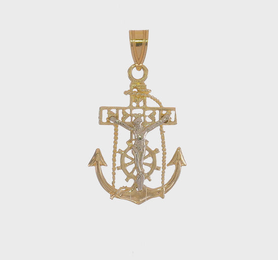 14K two-tone gold mariner link cross pendant 29 mm video - C811