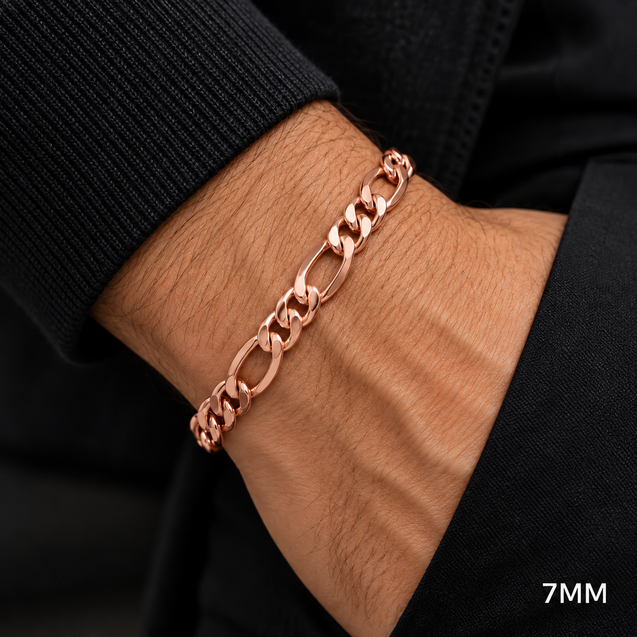 Rose gold plated 925 sterling silver Figaro bracelet for men, additional view