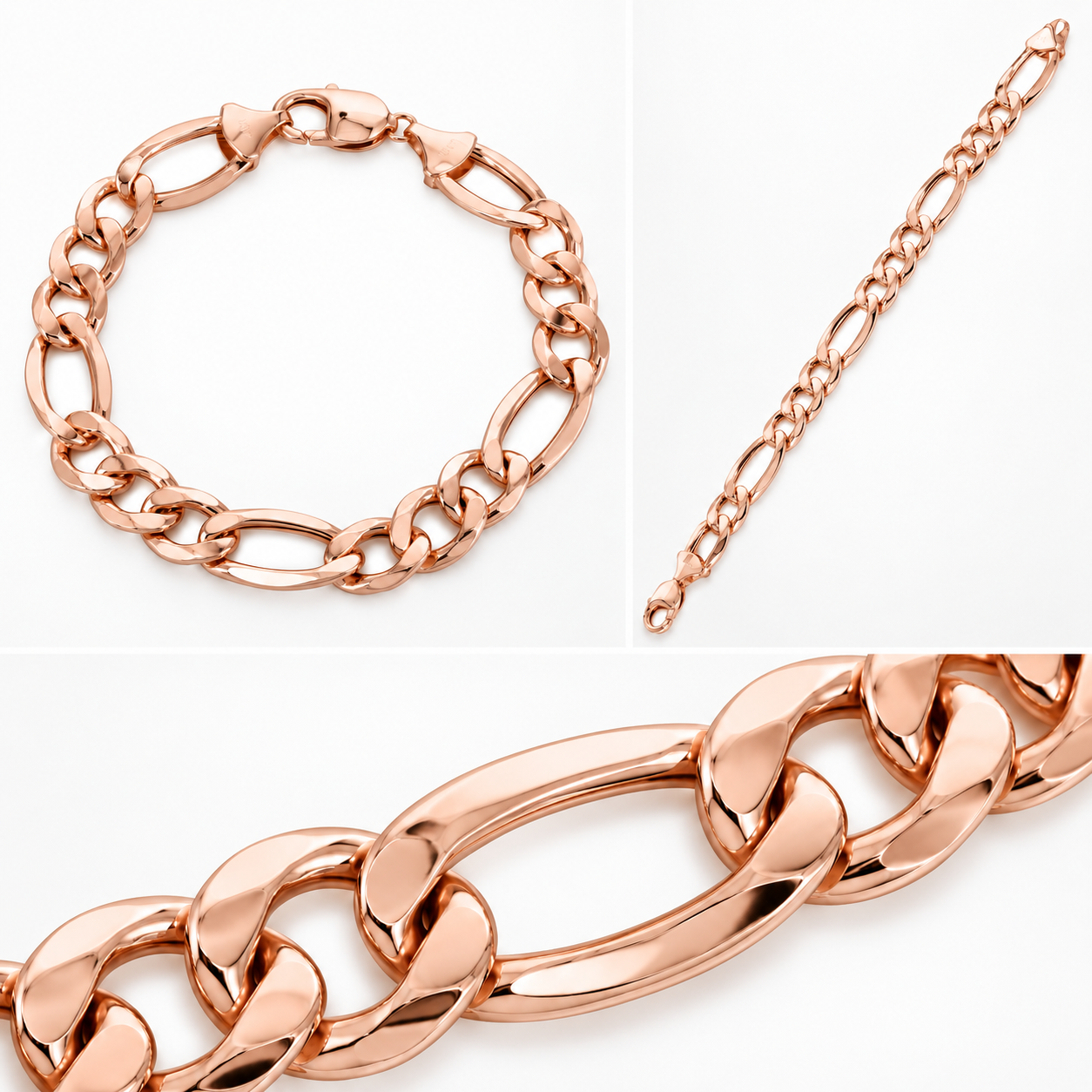 Rose gold plated 925 sterling silver Figaro bracelet for men, further view