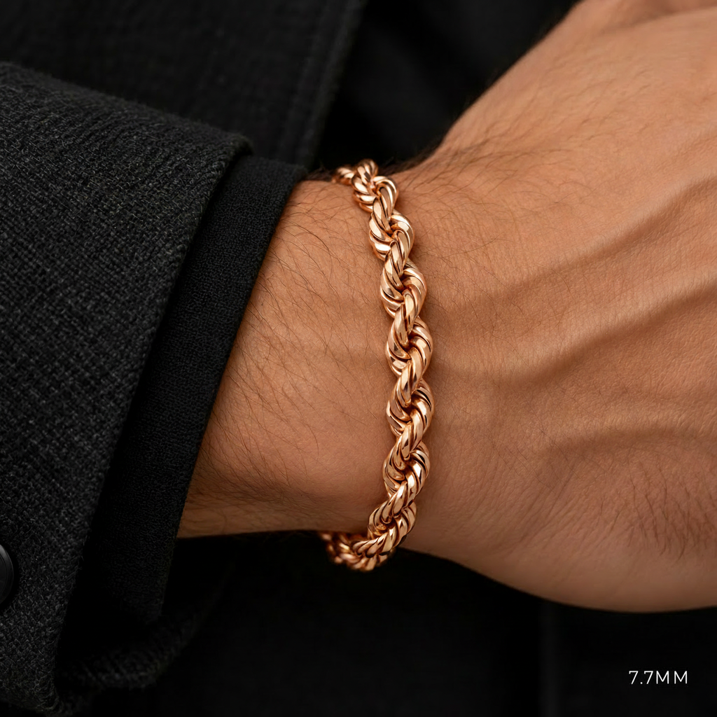 Solid Mens Rope Bracelet 10K Rose Gold, alternate view