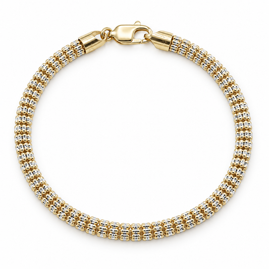 14K two-tone gold diamond-cut rolo link bracelet in yellow and white gold