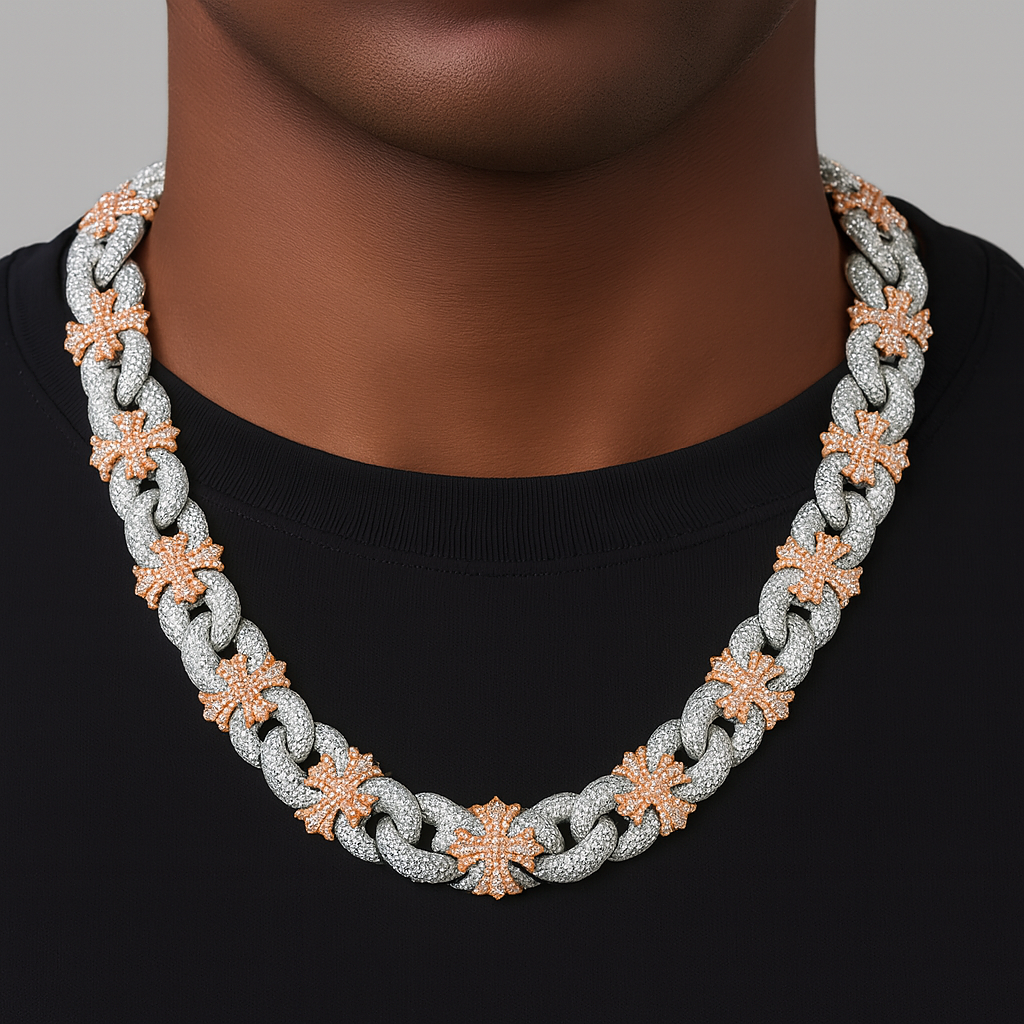 Two-tone rose gold moissanite cross Cuban link chain, alternate view