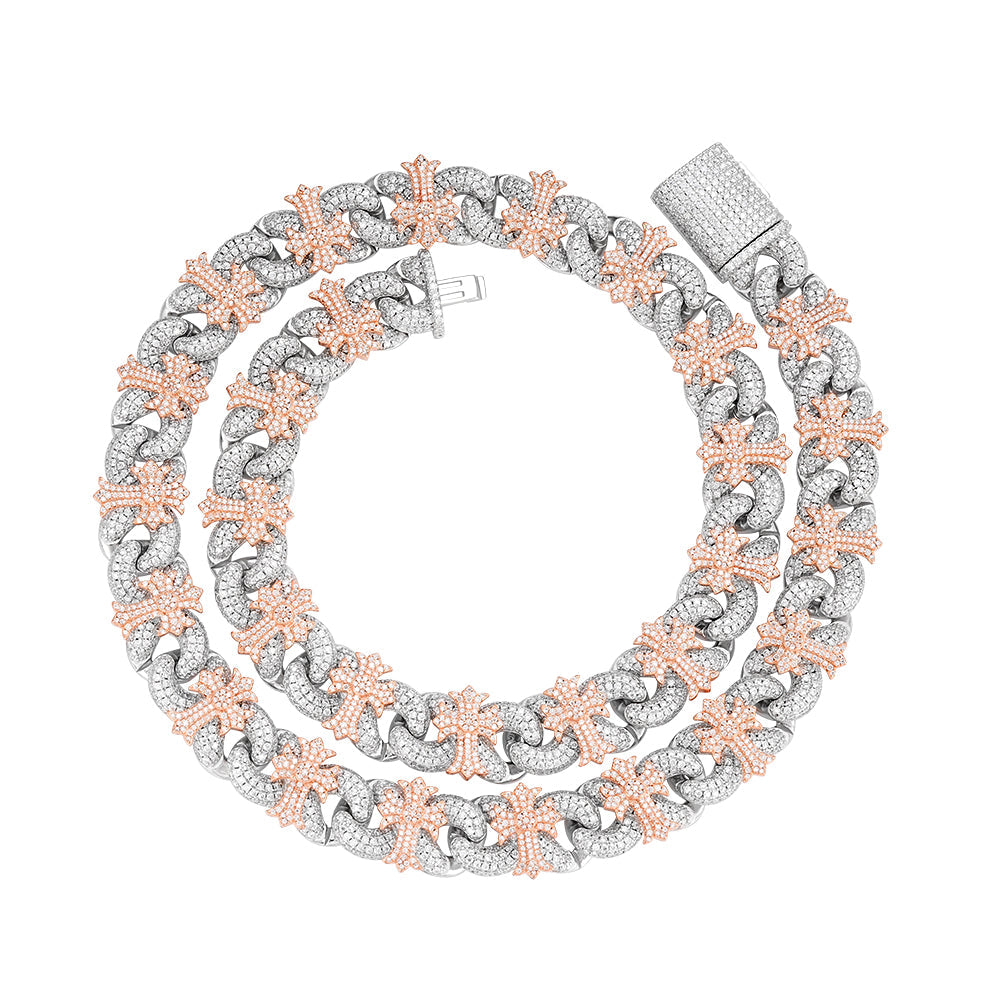 Two-tone rose gold moissanite cross Cuban link chain, additional view