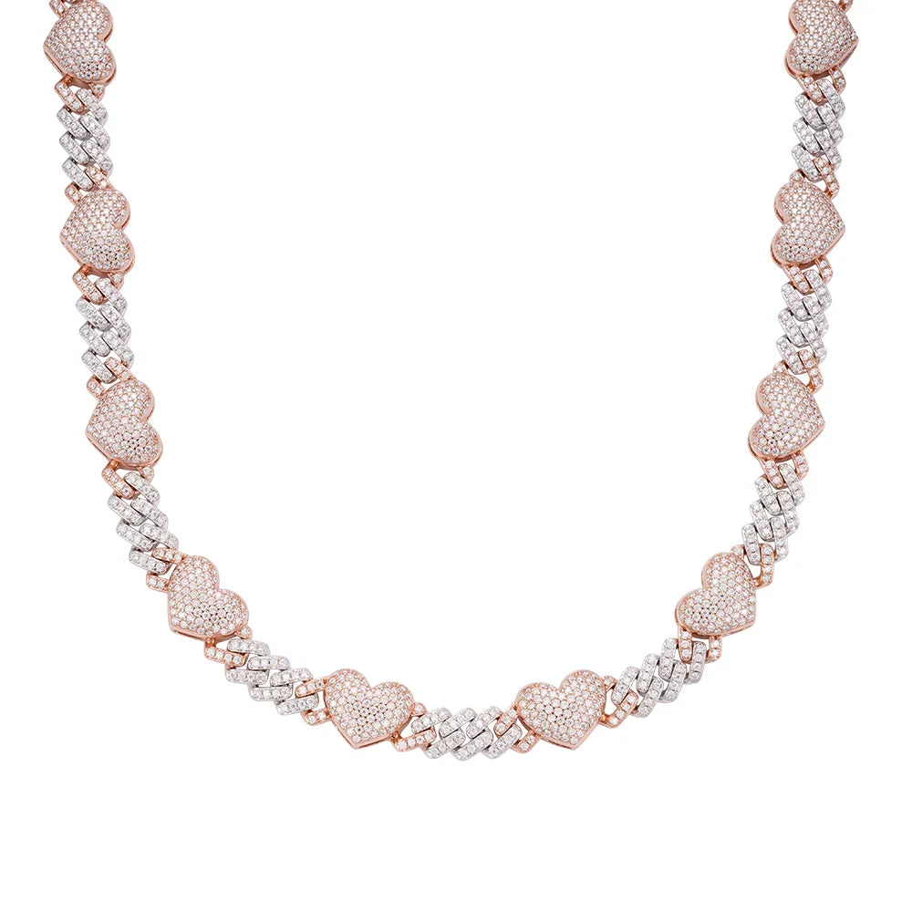 Two-tone rose gold moissanite heart Cuban link chain 10mm