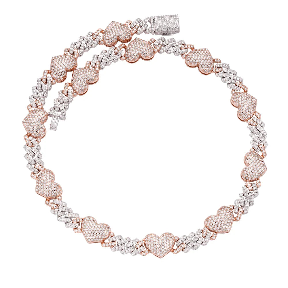 Two-tone rose gold moissanite heart Cuban link chain 10mm, close-up