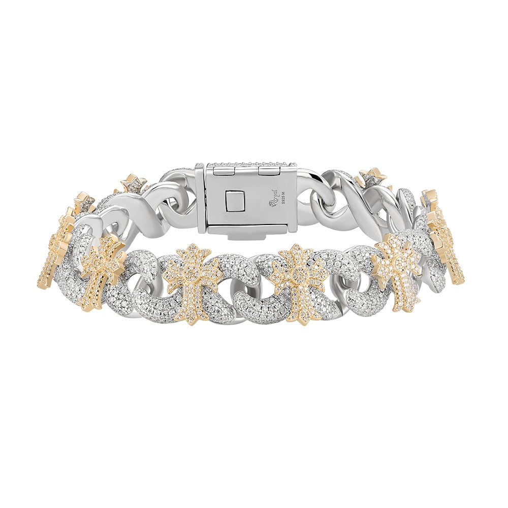 Two-tone yellow gold moissanite cross Cuban link bracelet