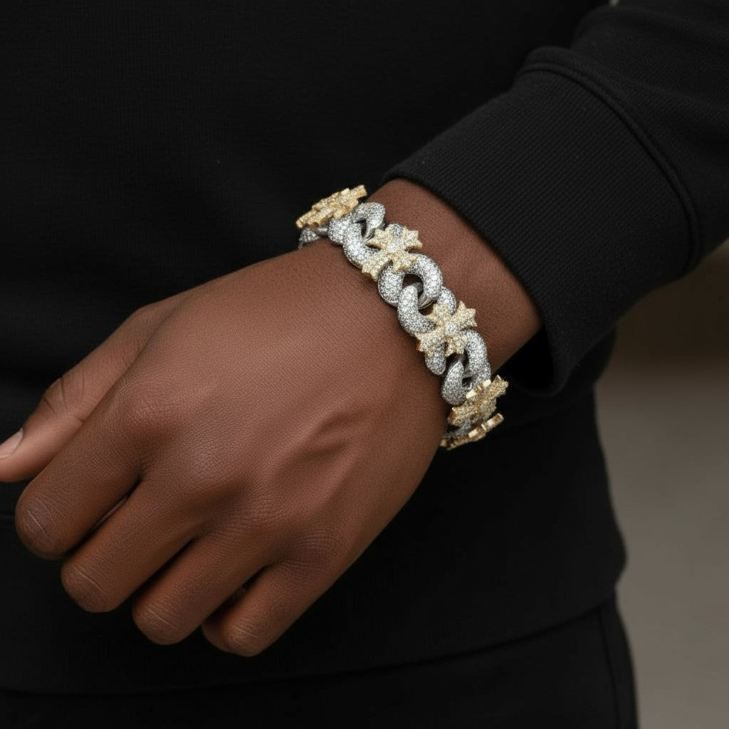 Two-tone yellow gold moissanite cross Cuban link bracelet, alternate view