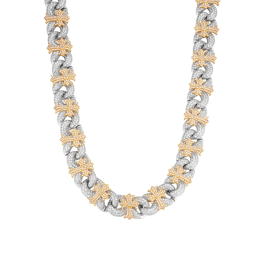 Two-tone yellow gold moissanite cross Cuban link chain
