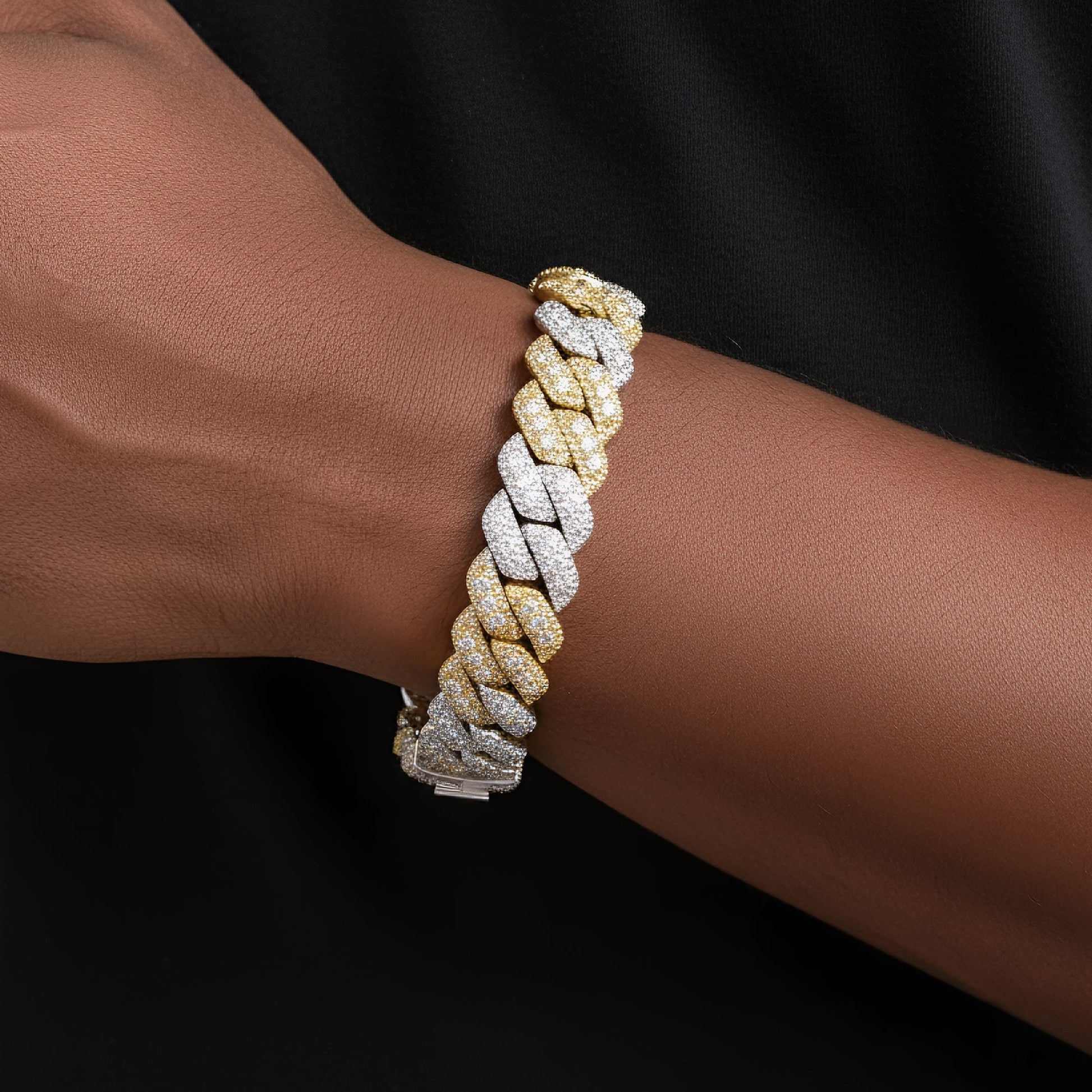 Two-tone yellow gold 14mm prong set moissanite Cuban bracelet