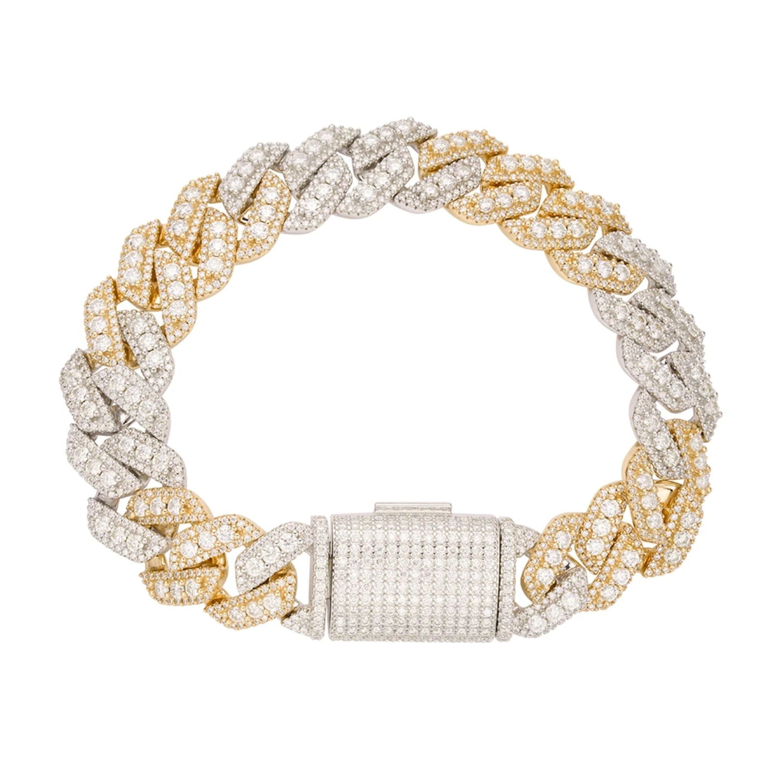 Two-tone yellow gold 14mm prong set moissanite Cuban bracelet, alternate view