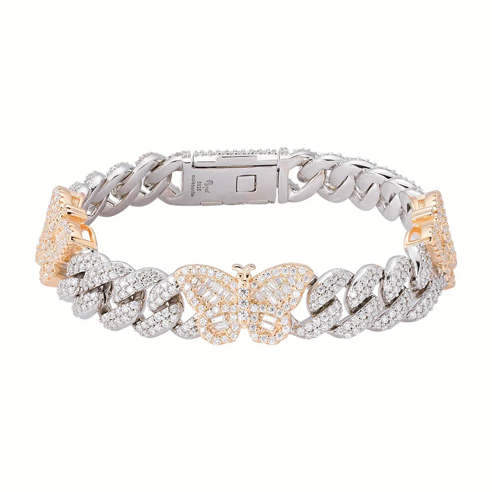 Two-tone yellow gold moissanite butterfly Cuban link bracelet 12mm