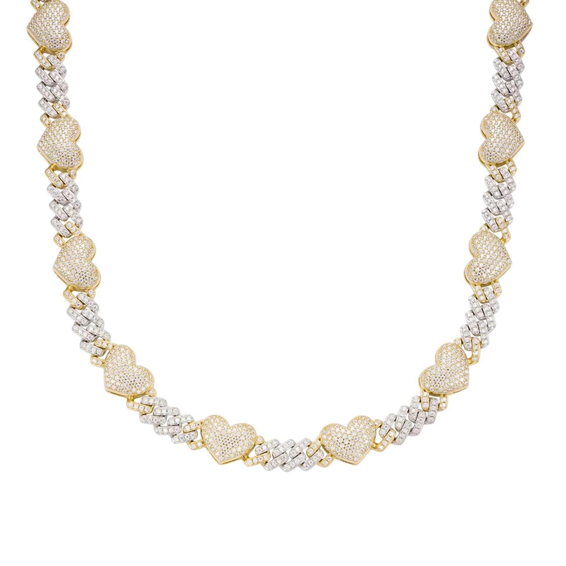 Two-tone yellow gold moissanite heart Cuban link chain 10mm
