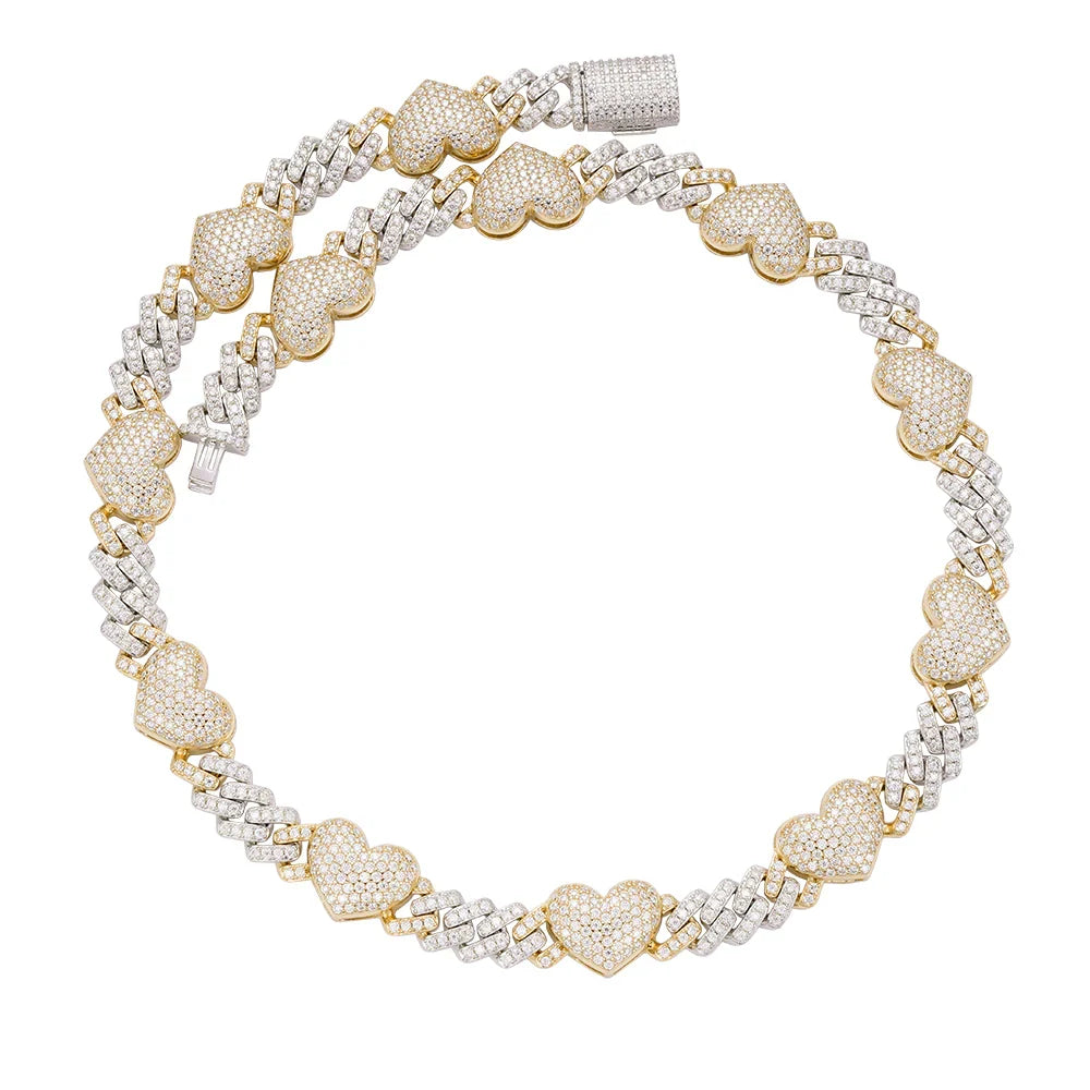 Two-tone yellow gold moissanite heart Cuban link chain 10mm, close-up