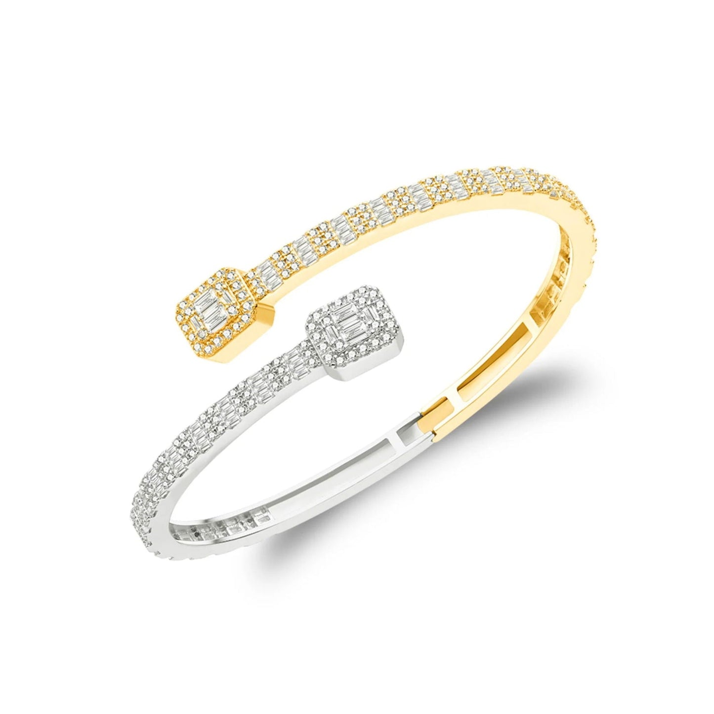 Two-tone yellow gold moissanite square bypass bangle