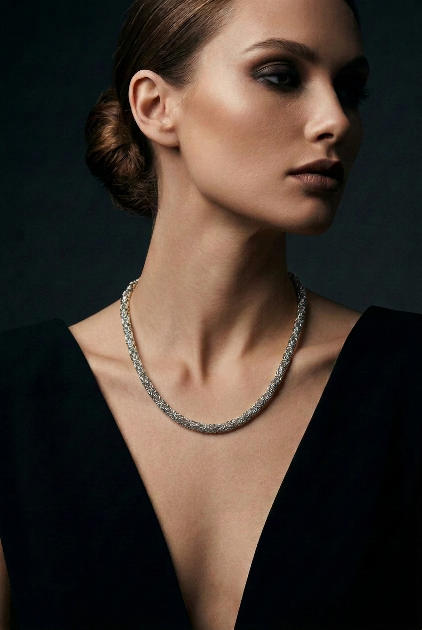 10K White Gold Semi-Solid Byzantine Necklace, worn by a woman