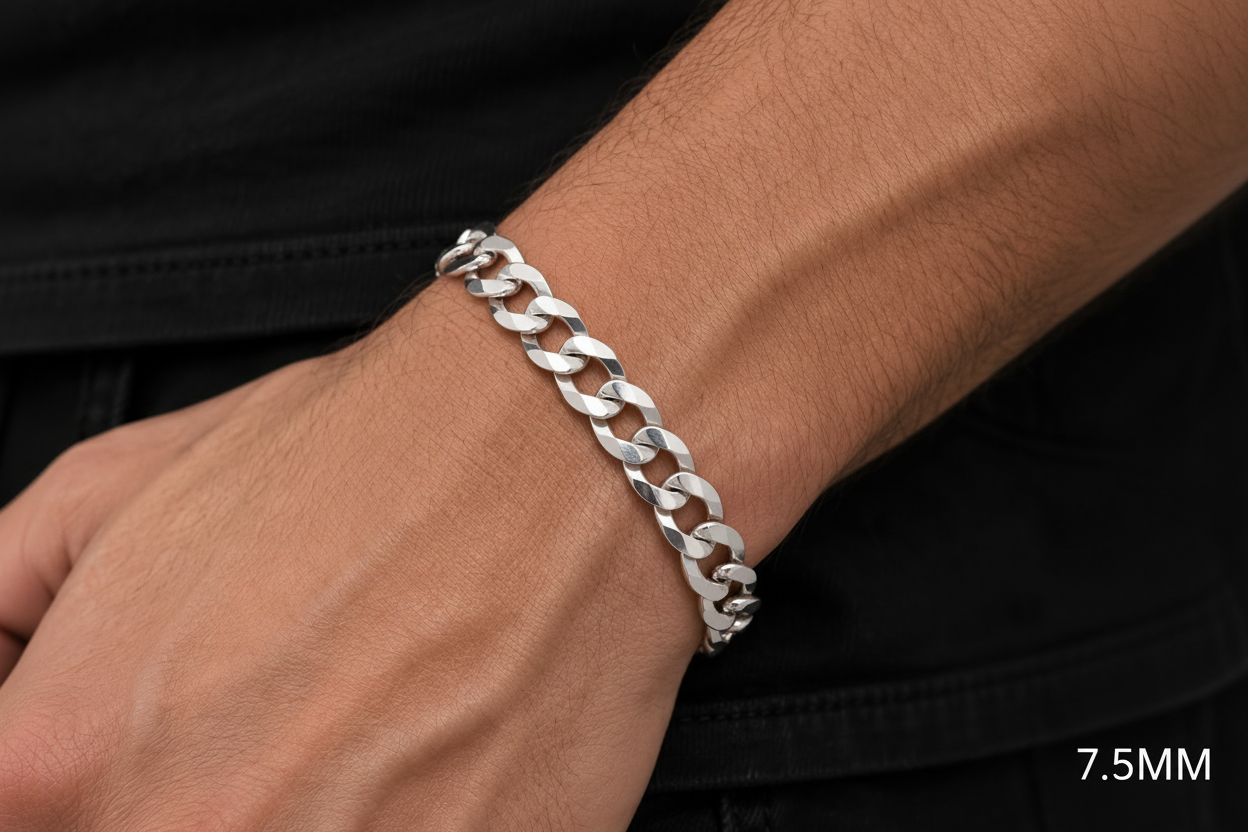 14K White Gold Solid Diamond-Cut Cuban Curb Link Bracelet, side view