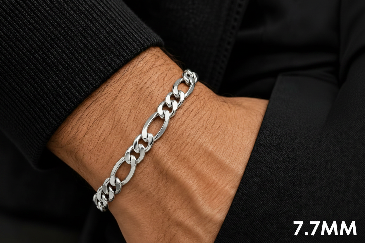 14K White Gold Solid Figaro Bracelet, side view