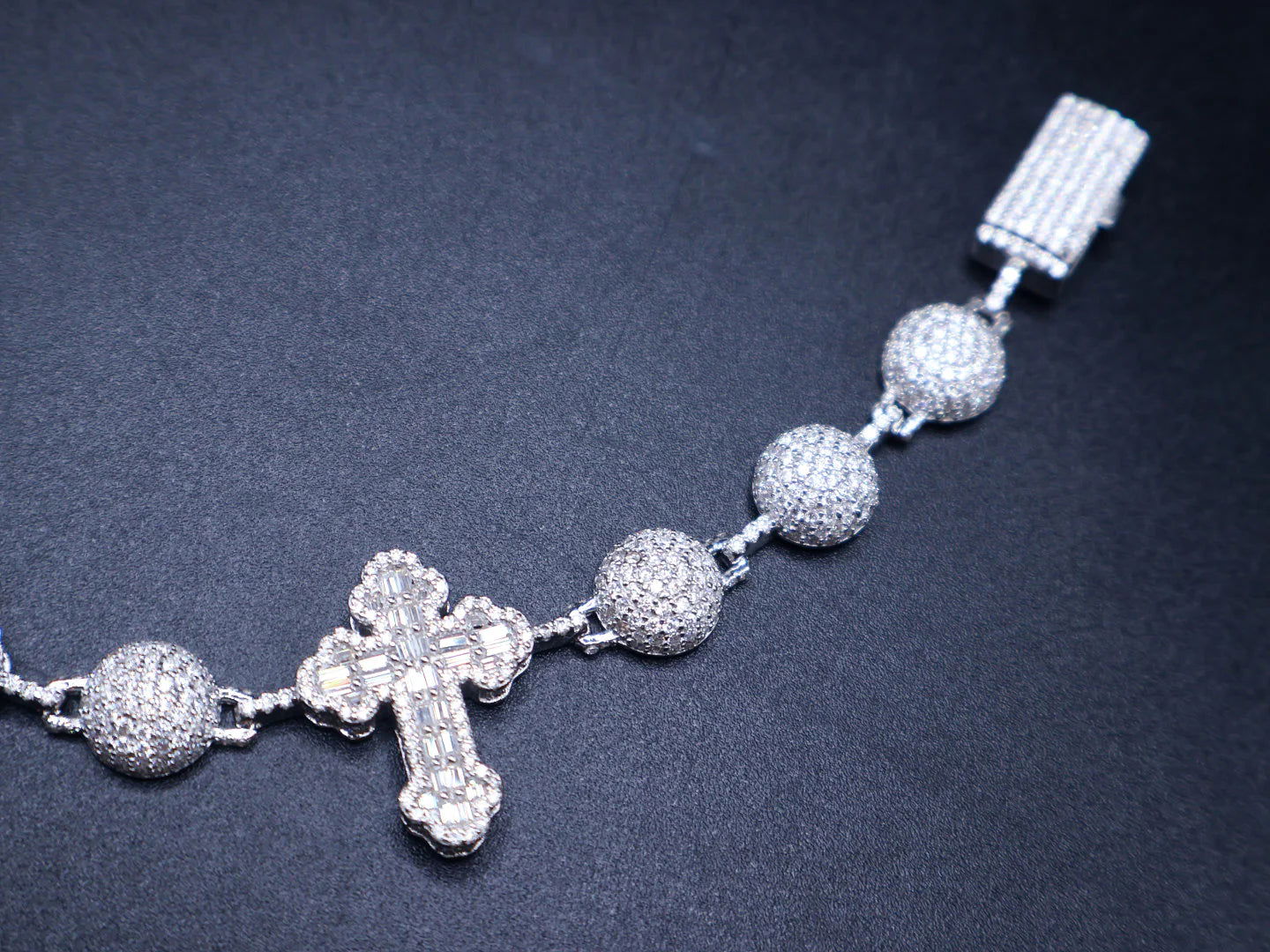 White gold moissanite bead ball cross bracelet, another angle