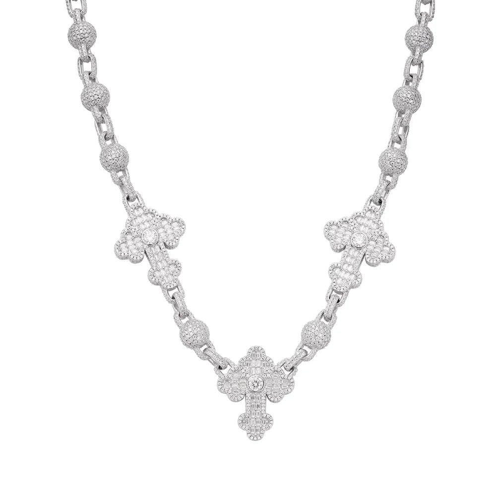 White gold moissanite bead cross rosary chain