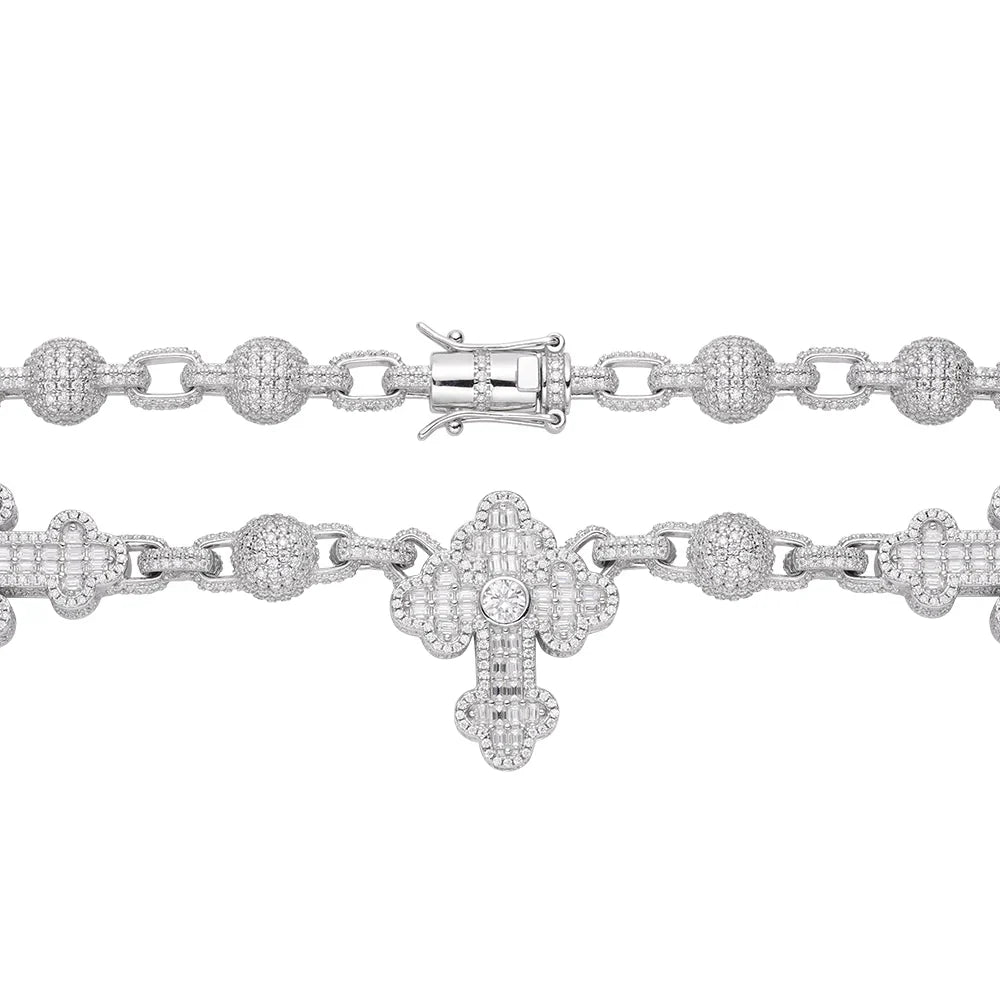White gold moissanite bead cross rosary chain, additional view