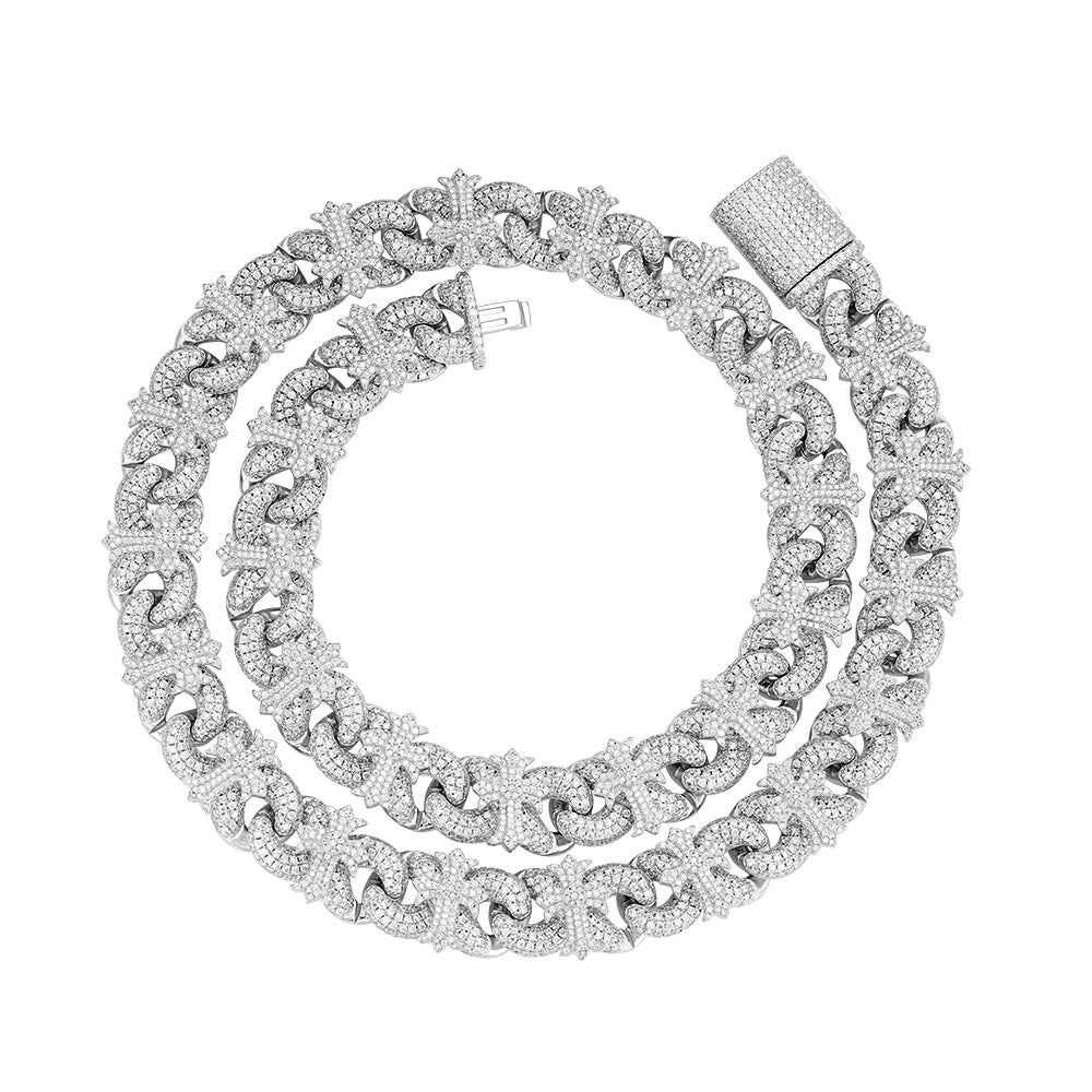 White gold moissanite cross Cuban link chain, alternate view