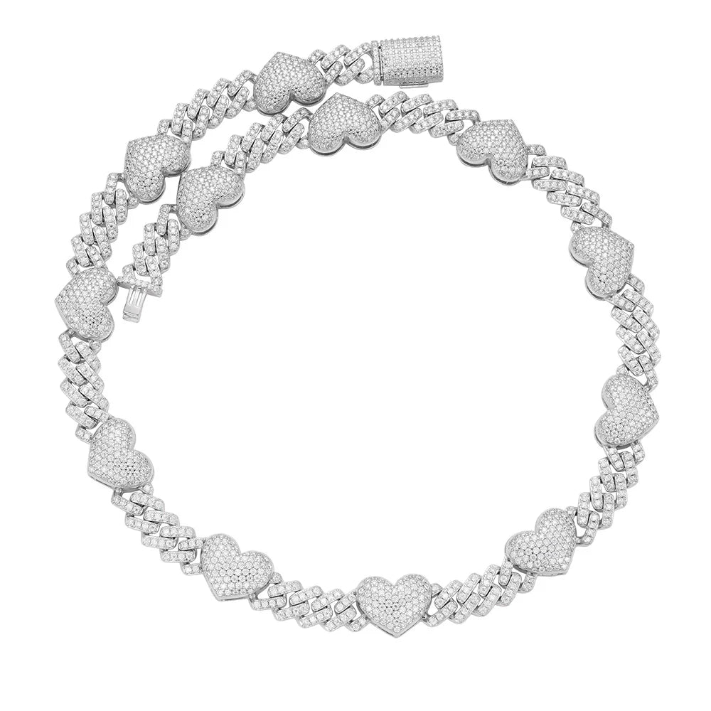 White gold moissanite heart Cuban link chain 10mm