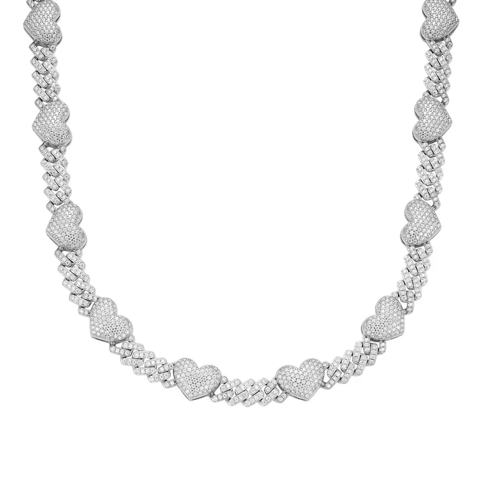White gold moissanite heart Cuban link chain 10mm, alternate view