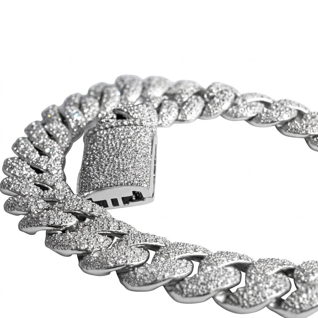 White gold moissanite mosaic Cuban chain, view 13