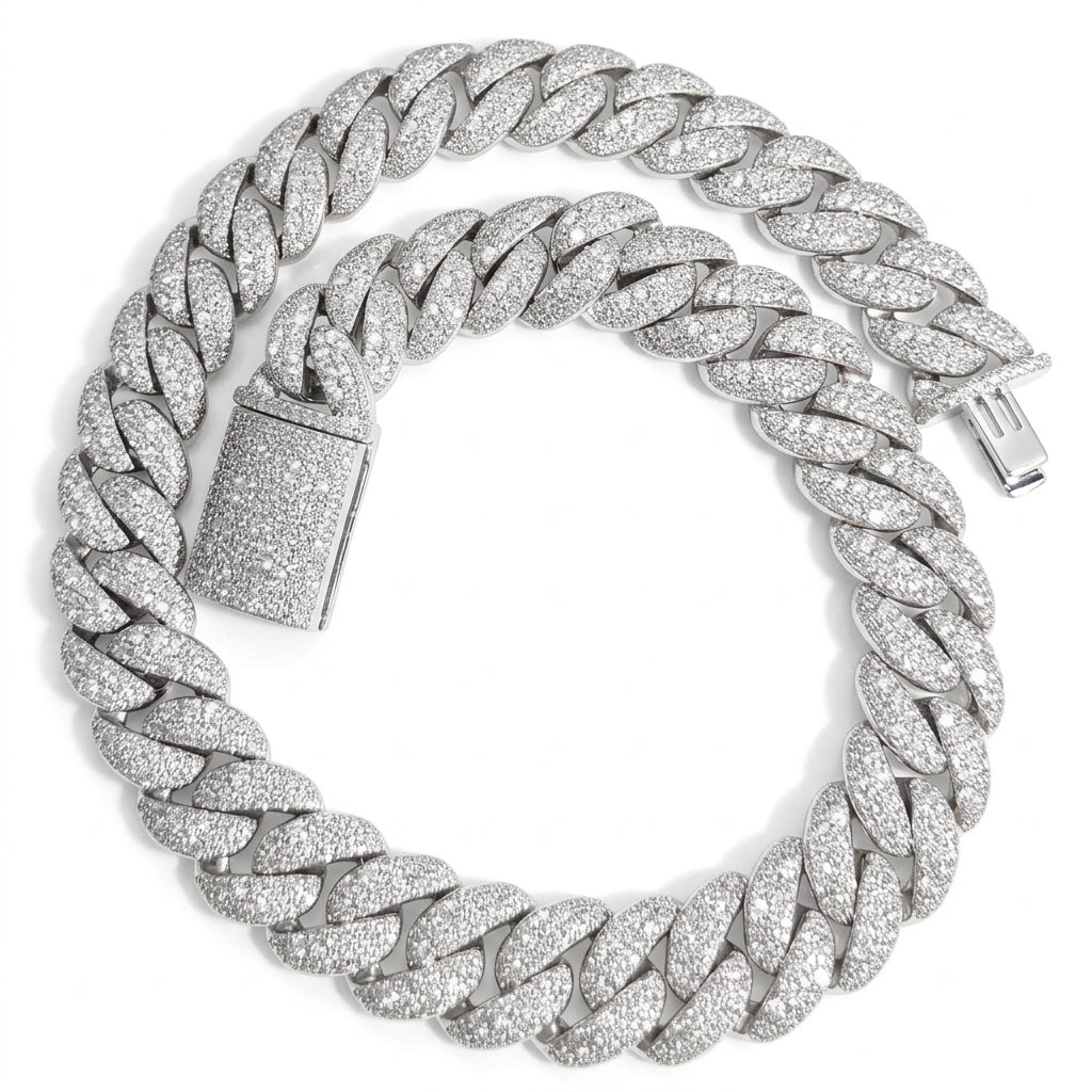 White gold moissanite mosaic Cuban chain, detail shot