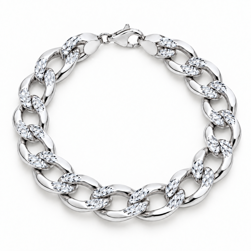 14K White Gold Solid Diamond-Cut Cuban Curb Link Bracelet