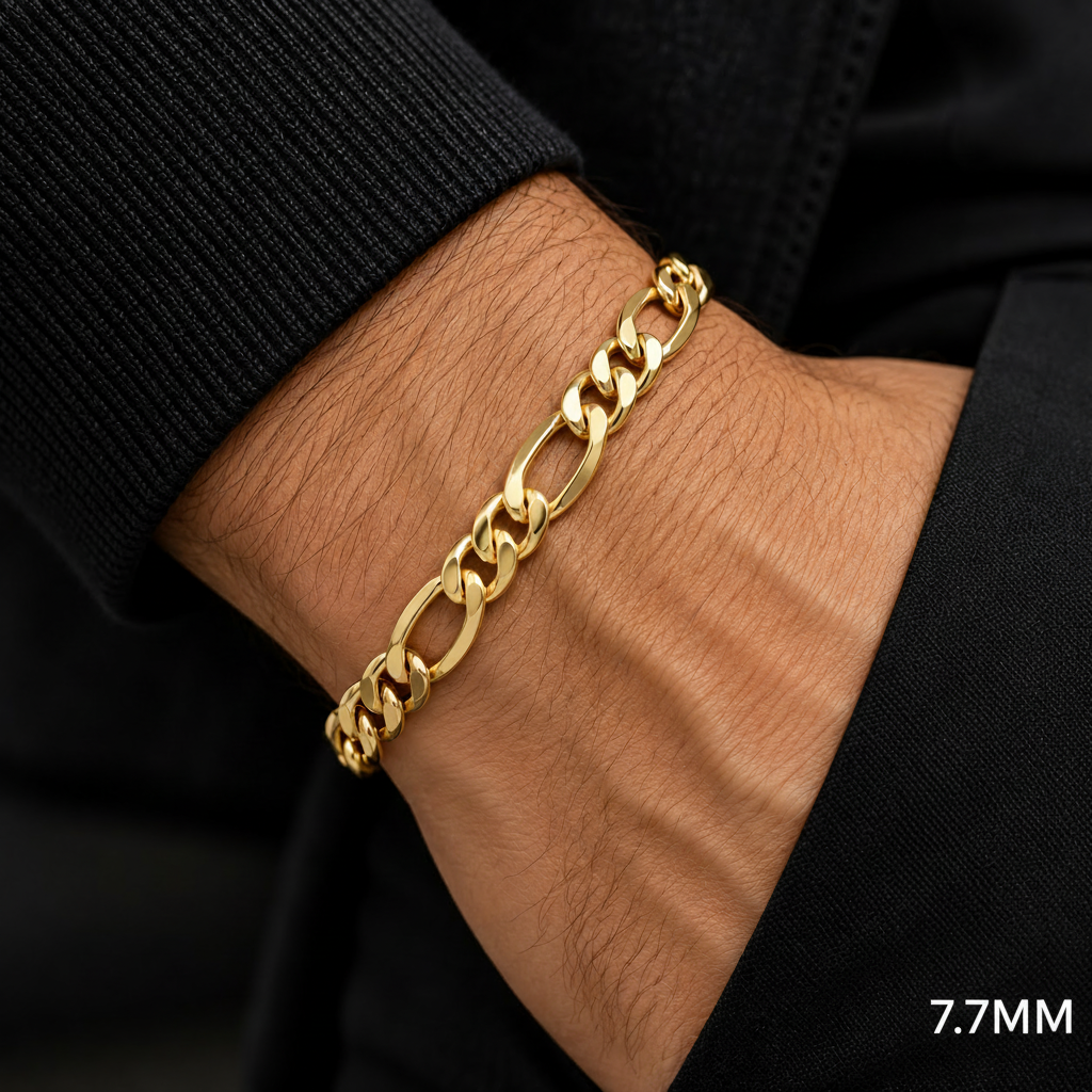 14K Yellow Gold Solid Figaro Bracelet, side view