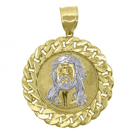 10kt Two-Tone Gold Mens Women Diamond-Cut Curb Border Jesus Christ Religious Charm Pendant
