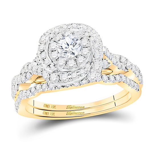 14K TWO-TONE GOLD ROUND DIAMOND HALO BRIDAL WEDDING RING SET 1 CTTW (CERTIFIED)
