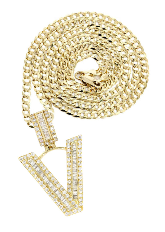 14K Yellow Gold Letter "V" Baguette Diamond