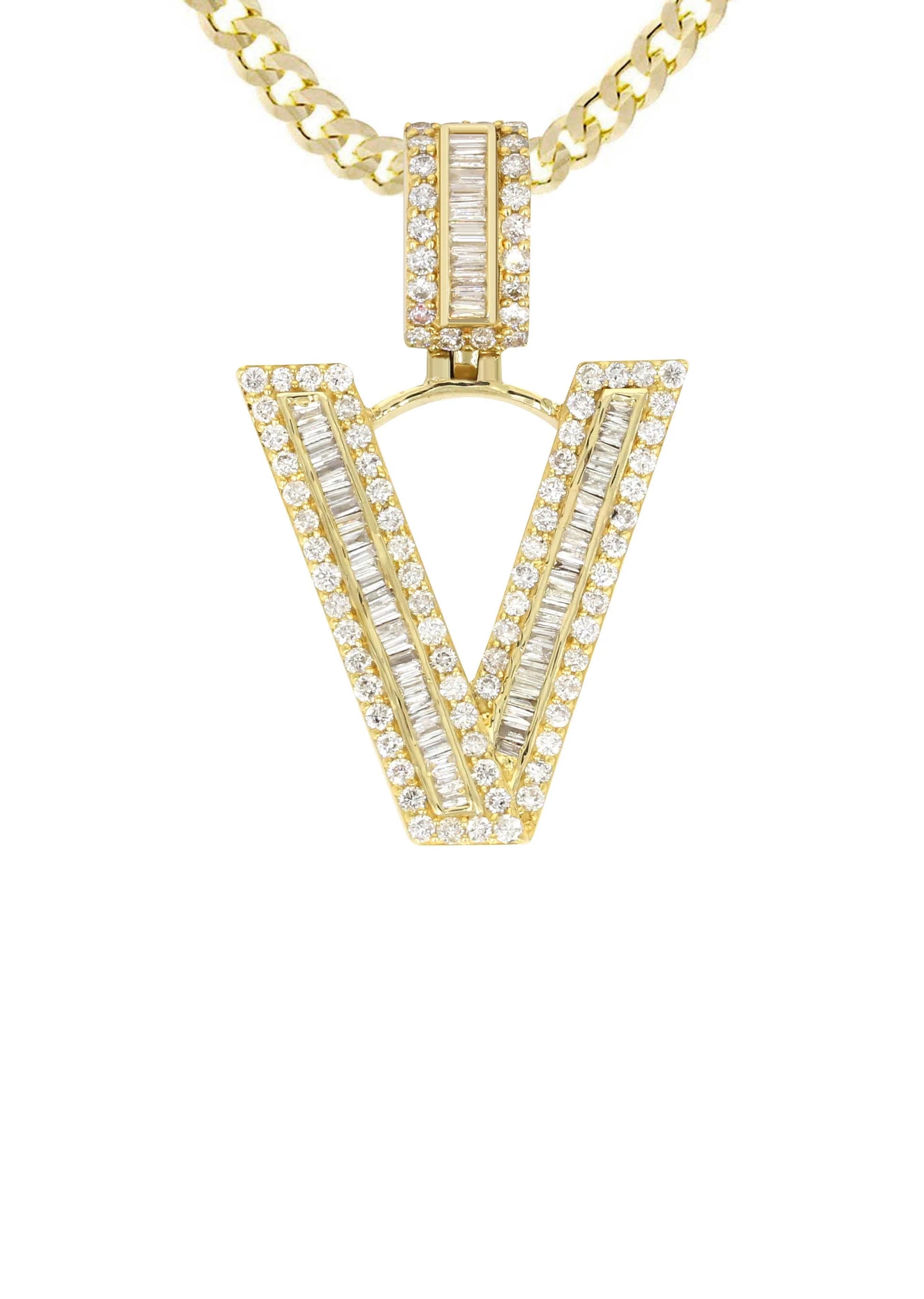 14K Yellow Gold Letter "V" Baguette Diamond