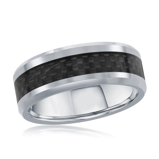 Tungsten Ring - Polished Silver & Black Carbon Fiber