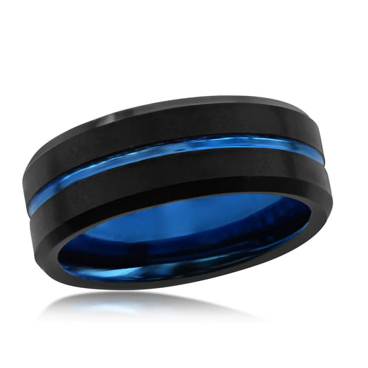 Tungsten Ring - Polished Blue Stripe & Matte Black