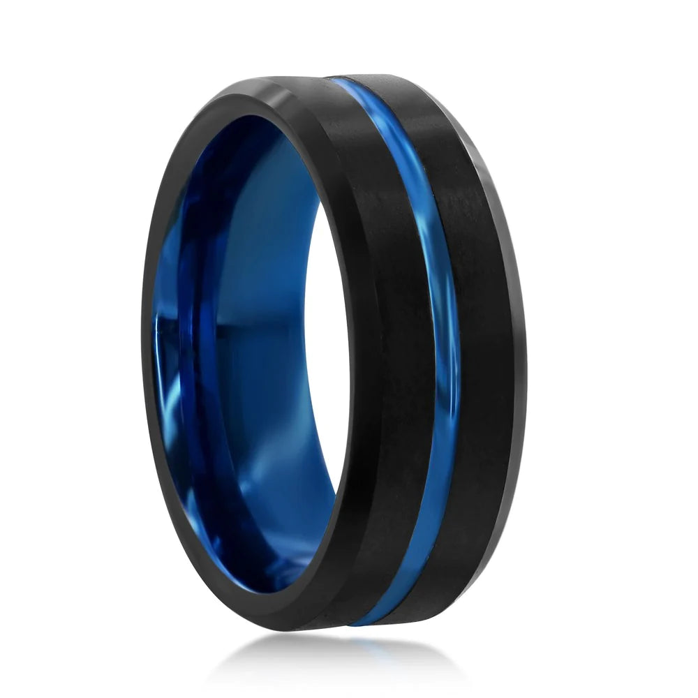 Tungsten Ring - Polished Blue Stripe & Matte Black