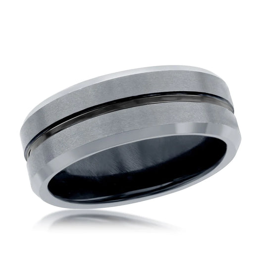 Tungsten Ring - Polished & Matte Silver and Black Stripe